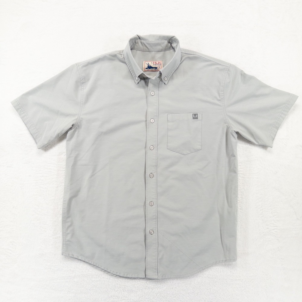 Huk Mens Fishing Shirt Small Gray Short Sleeve Button Down Performance Technical